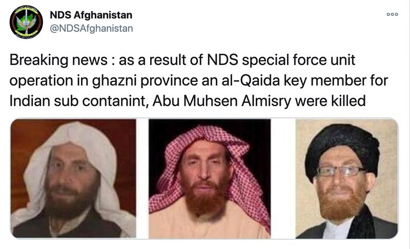 a tweet from nds afghanistan saying that they have killed abu muhsin al masri in operations accompanied by three profile photos of al masri is seen on nds afghanistan s twitter account october 24 2020 photo reuters