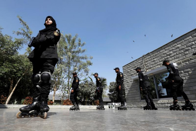 special security unit ssu police members rollerblade during practice at the headquarters in karachi pakistan february 18 2021 reuters