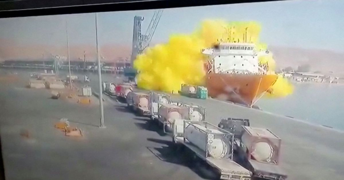 cctv footage shows a storage tank containing chlorine gas crashing into a ship after falling from a winch in aqaba jordan june 27 2022 in this still image taken from a handout video