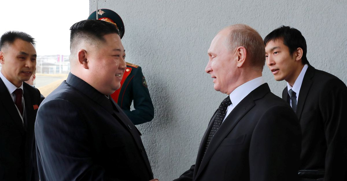north korean leader kim jong un shakes hands with russian president vladimir putin in vladivostok russia in this undated photo released on april 25 2019 by north korea s central news agency kcna photo reuters