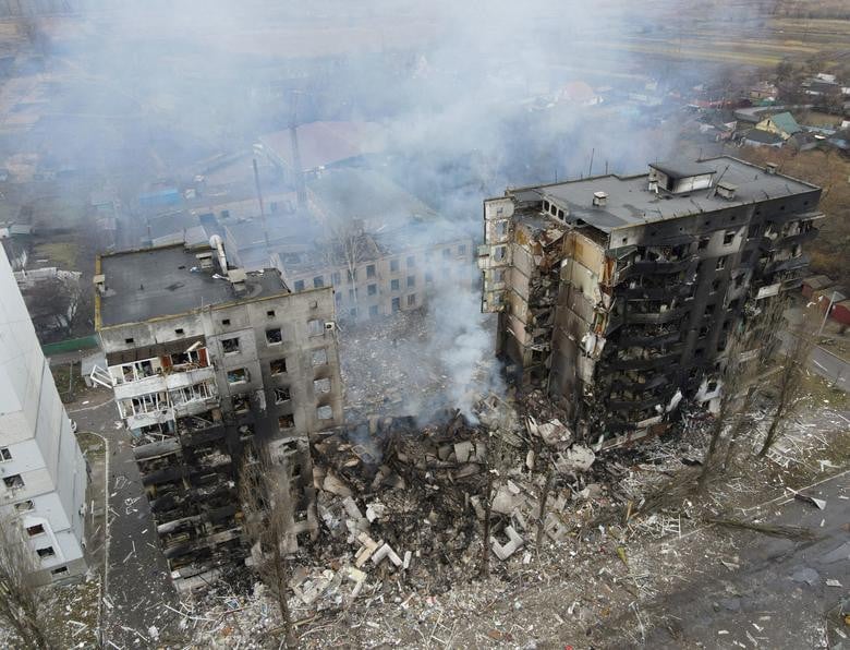 An aerial view shows a residential building destroyed by shelling in the settlement of Borodyanka in the Kyiv region, March 3. REUTERS