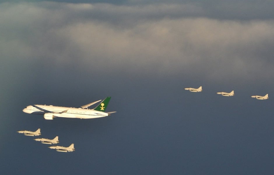 Pakistan Airforce jets escorting Saudi crown prince Mohammad Bin Salman's aircraft. PHOTO: TWITTER/PID