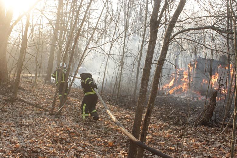 Firefighters try to extinguish a fire burning in the exclusion zone around the Chernobyl nuclear power plant, April 10. State Emergency Service of Ukraine in Kiev region.  Photo: Reuters 