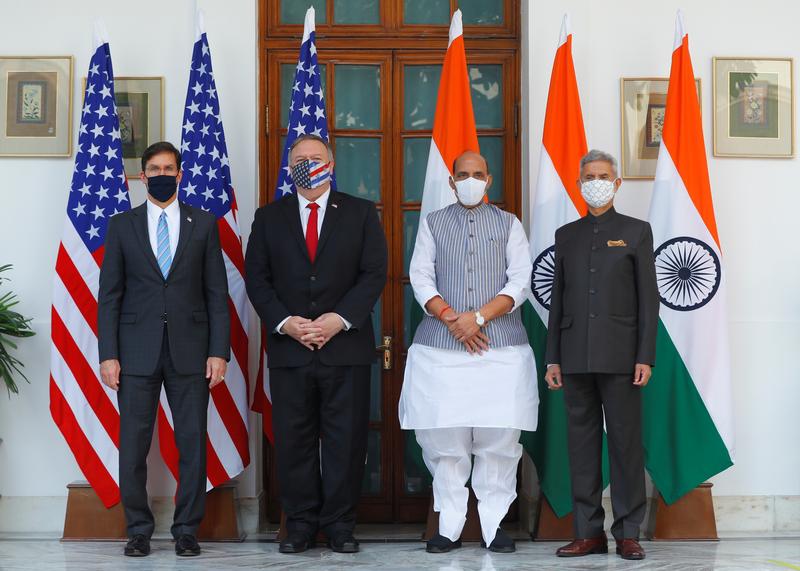 u s secretary of state mike pompeo us secretary of defense mark esper pose for a picture with india s foreign minister subrahmanyam jaishankar and india s defence minister rajnath singh during a photo opportunity ahead of their meeting at hyderabad house in new delhi india october 27 2020 reuters