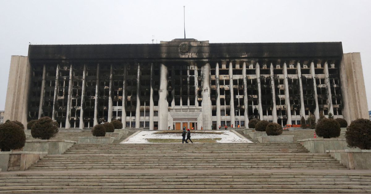 a view shows the city administration headquarters which was set on fire during recent protests triggered by fuel price increase in almaty kazakhstan january 11 2022 reuters