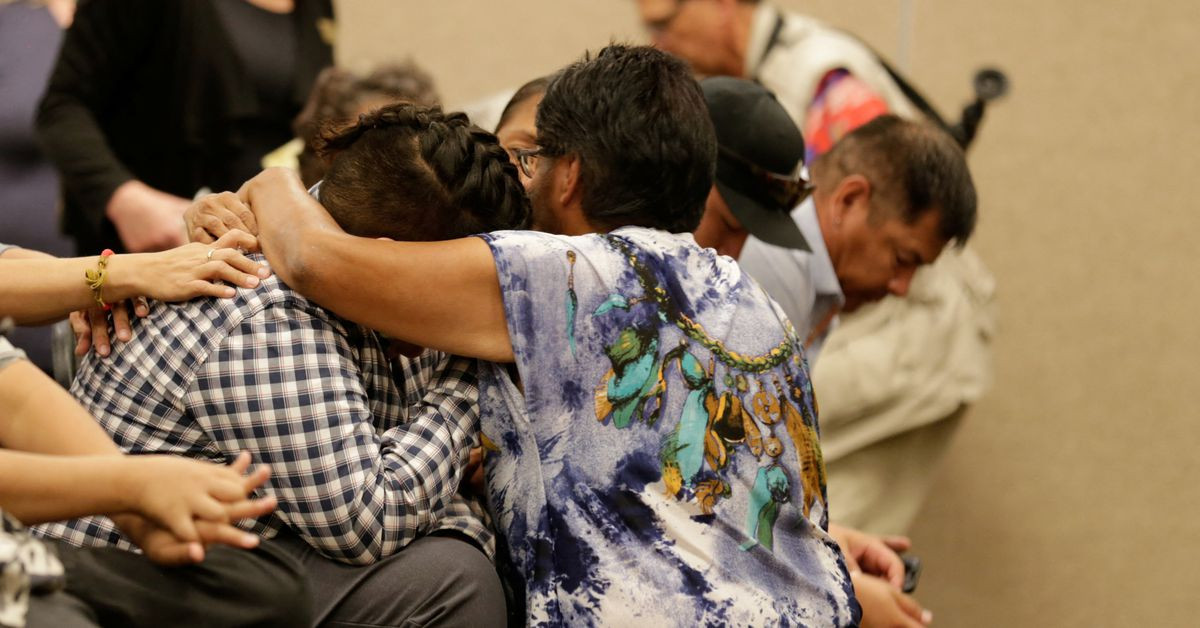 friends and relatives of bonnie burns who was killed on at james smith cree nation comfort one another at a news conference in saskatoon saskatchewan canada september 7 2022 reuters