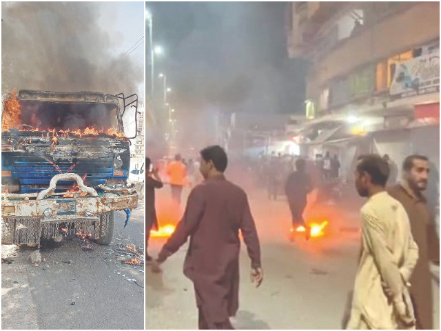 protestors demonstrate with dead bodies on korangi crossing tyres and dumper were burnt at the site photos express