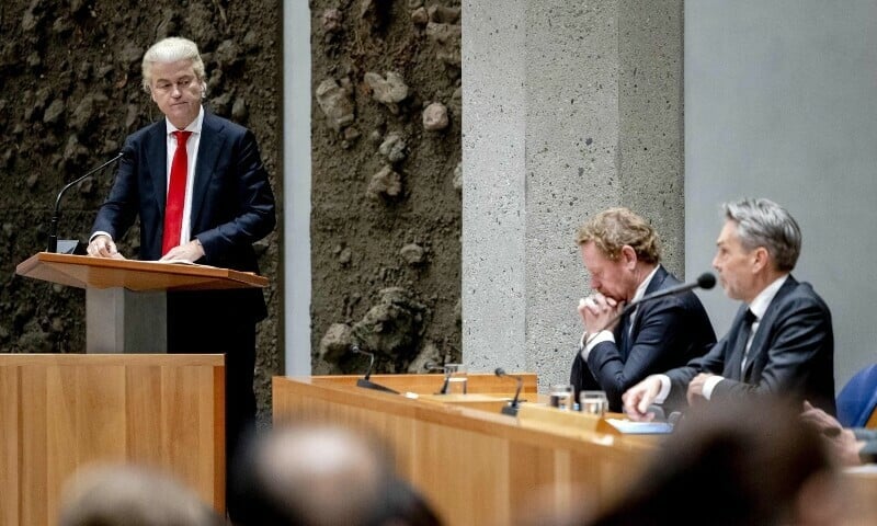 dutch mp and president of the far right party for freedom pvv geert wilders speaks during a debate in the lower house on nov 13 2024 photo afp