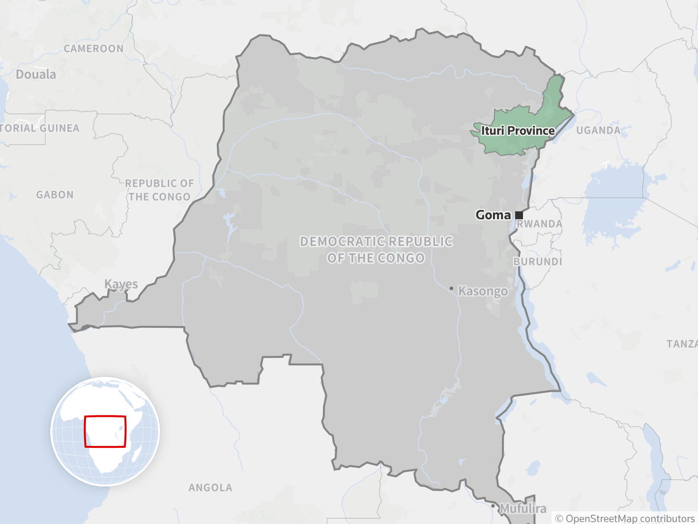 A map of Ituri Province and Goma in the Democratic Republic of the Congo.