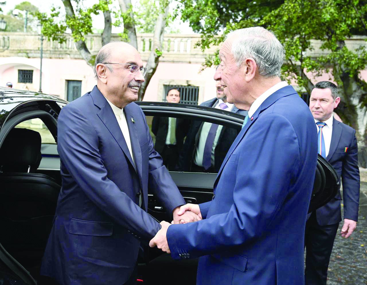 president asif ali zardari is being welcomed upon his arrival by president of portugal marcelo rebelo de sousa at the palacio nacional de belem in lisbon photo express