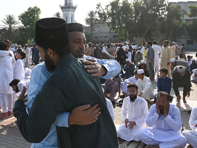 muslims greet each other after offering eid al adha prayers at the eidgah ground in rawalpindi on june 17 2024 photo afp muslims greet each other after offering eid al adha prayers at the eidgah ground in rawalpindi on june 17 2024 photo afp