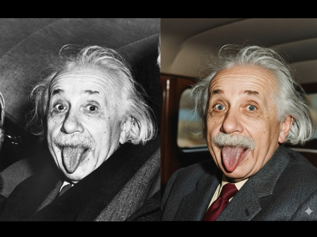 Photo Credits: Arthur Sasse (14/03/1951) for the black and white original image. Edited and colored by Syed Alihasan Agha & Gemini Pro