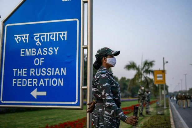 police stand guard near the russian embassy in anticipation of a demonstration called to stop the russian invasion of ukraine in new delhi on february 25 2022 photo afp