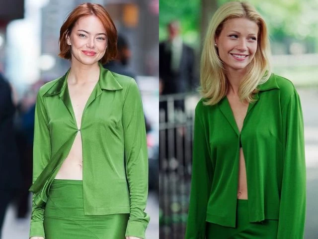 emma stone channels gwyneth paltrow in green silk look straight from 1990s classic great expectations