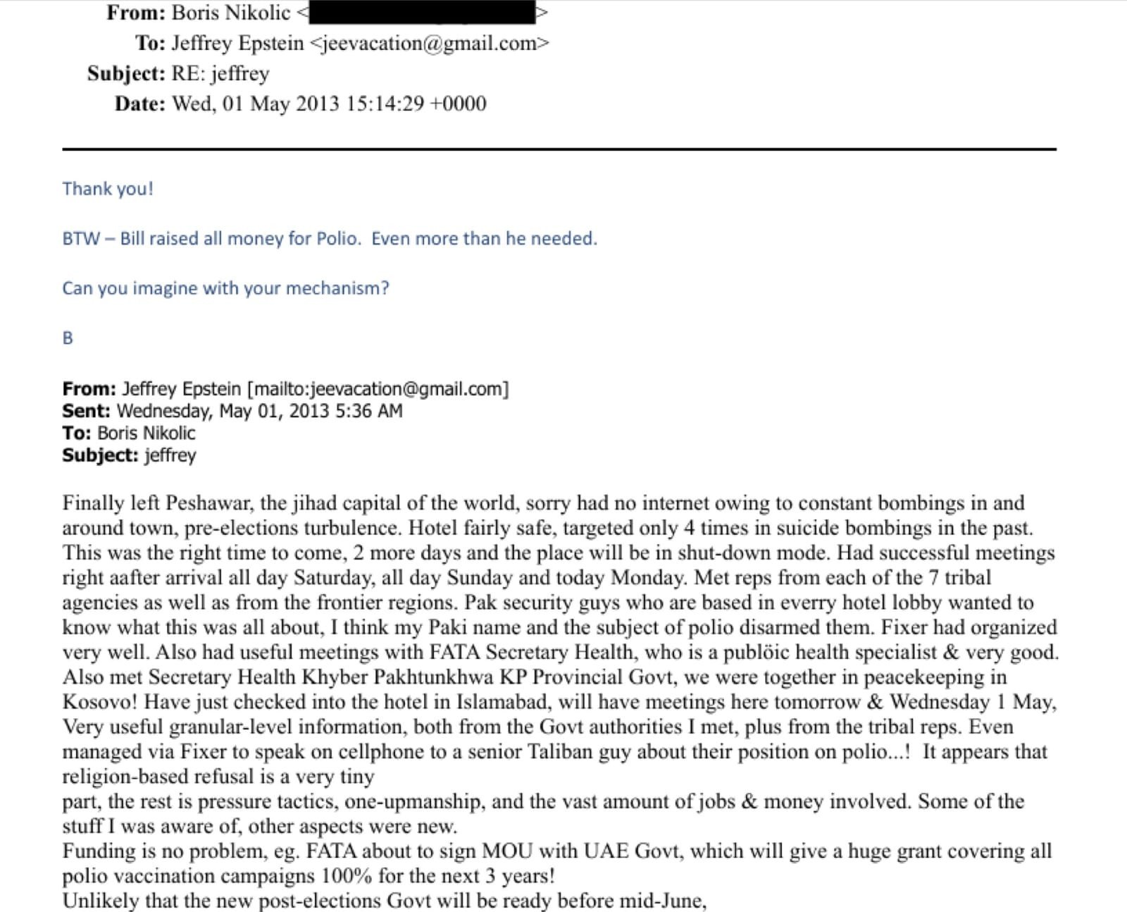 Email from Jeffrey Epstein to Boris Nikolic dated May 1, 2013. PHOTO: United States Department of Justice