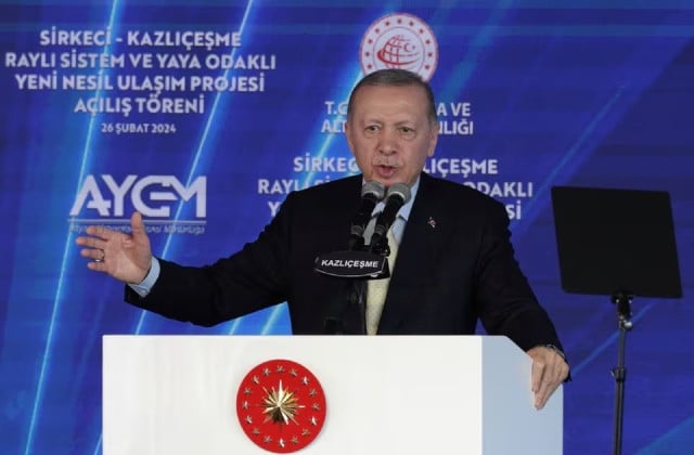 turkish president tayyip erdogan speaks during an opening ceremony for a rail project in istanbul turkey february 26 2024 photo reuters