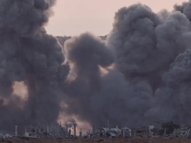 Explosions send smoke and debris high into the air in Gaza, as seen from the Israeli side of the border, on July 17, 2025 [Amir Cohen/Reuters]