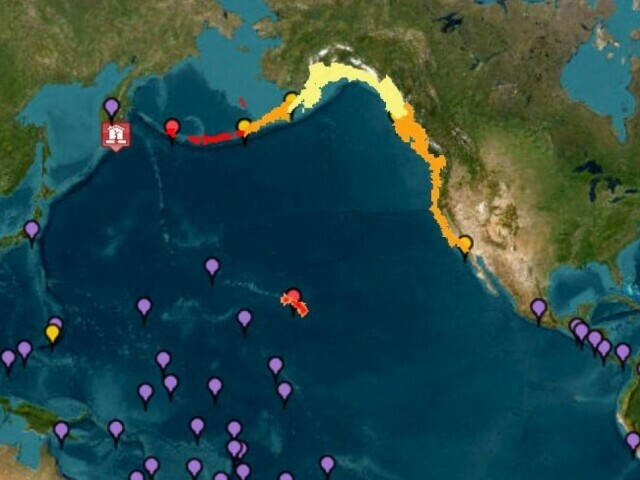 This image courtesy of the National Oceanic and Atmospheric Administration’s (NOAA) Tsunami Warning System shows tsunami warnings (red), advisories (orange) watches (yellow) and threats (purple). — AFP