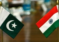 indian flag on the left and pakistani flag on the right photo file