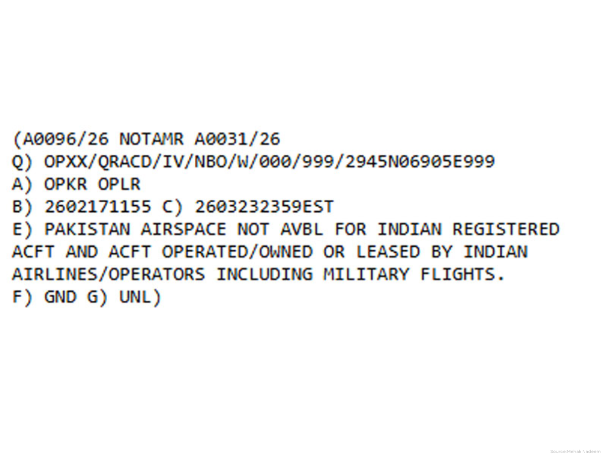 The Pakistan Airports Authority issued a fresh Notice to Airmen (NOTAM) following a government decision.