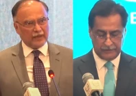 federal minister for planning and development left and ahsan iqbal national assembly speaker sardar ayaz sadiq right in pakistan governance forum 2026 on february 26 2026