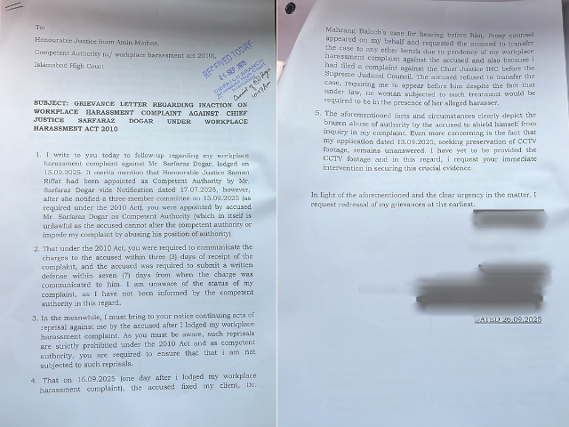 Mazari submitted a grievance letter today to competent authority against accused Chief Justice Sarfaraz Dogar