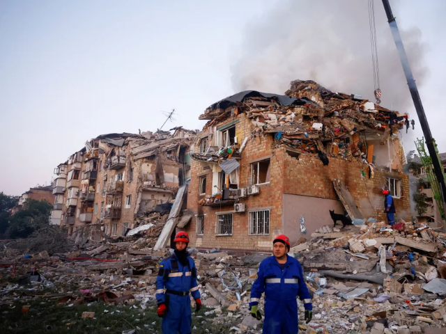 “Everything is destroyed,” said Tymur Tkachenko, the head of Kyiv's city administration. [Valentyn Ogirenko/Reuters]