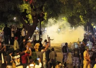 police use teargas to control the crowd during the ongoing protest of cockroach janata party cjp two days after thousands of protesters marched towards parliament demanding the resignation of education minister dharmendra pradhan over examination paper leaks at jantar mantar in new delhi india photo reuters