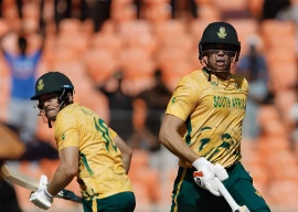 south african players tristan stubbs and david miller run between the wickets during the second super over against afghanistan at the t20 world cup in ahmedabad india on february 11 2026 photo x proteasmencsa