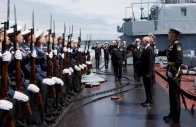 russian president vladimir putin is welcomed on board a missile cruiser varyag as he observes a military drill of pacific fleet in russia s far eastern sakhalin region russia photo reuters russian president vladimir putin is welcomed on board a missile cruiser varyag as he observes a military drill of pacific fleet in russia s far eastern sakhalin region russia photo reuters