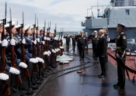 russian president vladimir putin is welcomed on board a missile cruiser varyag as he observes a military drill of pacific fleet in russia s far eastern sakhalin region russia photo reuters russian president vladimir putin is welcomed on board a missile cruiser varyag as he observes a military drill of pacific fleet in russia s far eastern sakhalin region russia photo reuters