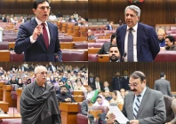 federal minister for parliamentary affairs dr tariq fazal chaudhry law minister azam nazeer tarar leader of the opposition in the na mahmood khan achakzai pti chairman barrister gohar ali khan addressing the joint session of parliament photo national assembly