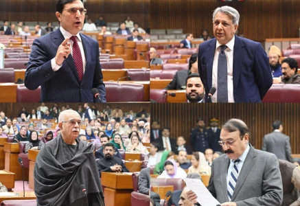 federal minister for parliamentary affairs dr tariq fazal chaudhry law minister azam nazeer tarar leader of the opposition in the na mahmood khan achakzai pti chairman barrister gohar ali khan addressing the joint session of parliament photo national assembly