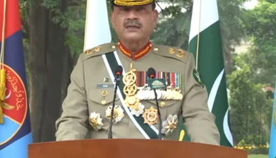 chief of defence forces field marshal asim munir speaking at a grand ceremony to commemorate the completion of one year of pakistan s landmark victory in marka e haq was held at ghq rawalpindi photo radio pakistan