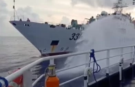 a chinese coast guard ship fires a water cannon at a philippine vessel in this screengrab taken from a handout video released on july 23 2026 location given as south china sea photo reuters