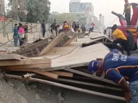 under construction brt bridge structure collapses in karachi s gulshan e iqbal photo express