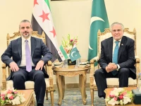 deputy prime minister and foreign minister ishaq dar and syrian foreign minister asaad hassan al shaibani at the mofa photo x