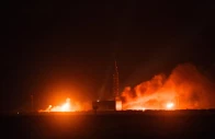 fire and smoke rise from the launch pad of blue origin s new glenn rocket as it explodes during a test in cape canaveral florida us photo reuters