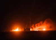 fire and smoke rise from the launch pad of blue origin s new glenn rocket as it explodes during a test in cape canaveral florida us photo reuters
