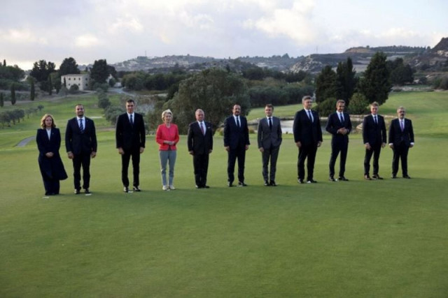 portugal s minister of state and foreign affairs paulo rangel greece s prime minister kyriakos mitsotakis croatia s prime minister andrej plenkovic cyprus president nikos christodoulides spain s prime minister pedro sanchez france s president emmanuel macron italy s prime minister giorgia meloni malta s prime minister robert abela slovenia s prime minister robert golob jordan s king abdullah and president of the european commission ursula von der leyen pose for a family photo on the day of the euro mediterranean summit eu med9 in a resort near paphos cyprus october 11 2024 photo reuters portugal s minister of state and foreign affairs paulo rangel greece s prime minister kyriakos mitsotakis croatia s prime minister andrej plenkovic cyprus president nikos christodoulides spain s prime minister pedro sanchez france s president emmanuel macron italy s prime minister giorgia meloni malta s prime minister robert abela slovenia s prime minister robert golob jordan s king abdullah and president of the european commission ursula von der leyen pose for a family photo on the day of the euro mediterranean summit eu med9 in a resort near paphos cyprus october 11 2024 photo reuters