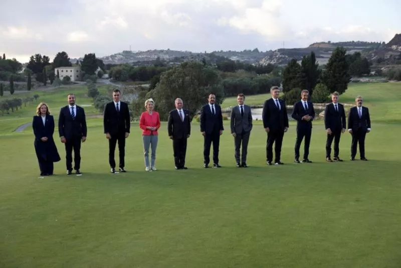 portugal s minister of state and foreign affairs paulo rangel greece s prime minister kyriakos mitsotakis croatia s prime minister andrej plenkovic cyprus president nikos christodoulides spain s prime minister pedro sanchez france s president emmanuel macron italy s prime minister giorgia meloni malta s prime minister robert abela slovenia s prime minister robert golob jordan s king abdullah and president of the european commission ursula von der leyen pose for a family photo on the day of the euro mediterranean summit eu med9 in a resort near paphos cyprus october 11 2024 photo reuters portugal s minister of state and foreign affairs paulo rangel greece s prime minister kyriakos mitsotakis croatia s prime minister andrej plenkovic cyprus president nikos christodoulides spain s prime minister pedro sanchez france s president emmanuel macron italy s prime minister giorgia meloni malta s prime minister robert abela slovenia s prime minister robert golob jordan s king abdullah and president of the european commission ursula von der leyen pose for a family photo on the day of the euro mediterranean summit eu med9 in a resort near paphos cyprus october 11 2024 photo reuters