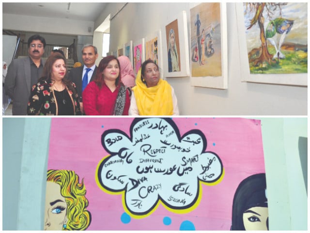 creative posters and evocative paintings by emerging artists honour womanhood and bring attention to their rights at the national women at work festival poster exhibition held at the pac islamabad on international women s day photos express