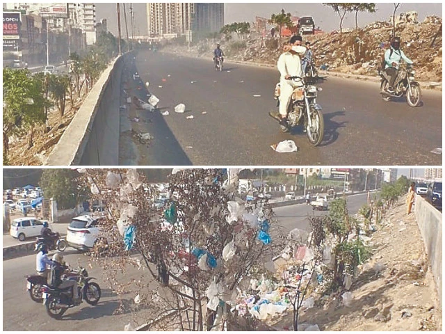 waste plastic bags hang on trees while smoke from burning trash irks bikers on the korangi expressway as the city authorities turn a blind eye to this burning issue photo express waste plastic bags hang on trees while smoke from burning trash irks bikers on the korangi expressway as the city authorities turn a blind eye to this burning issue photo express