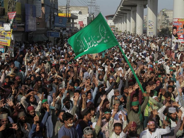 supporters of the banned islamist political party tlp chant slogans during a protest rally in lahore pakistan october 22 2021 photo reuters