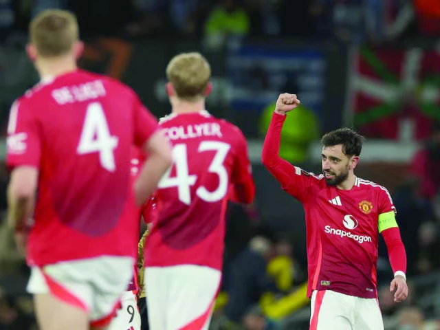 manchester united s bruno fernandes celebrates scoring their second goal with teammates during the europa league round of 16 second leg against real sociedad at old trafford manchester on march 13 photo reuters manchester united s bruno fernandes celebrates scoring their second goal with teammates during the europa league round of 16 second leg against real sociedad at old trafford manchester on march 13 photo reuters