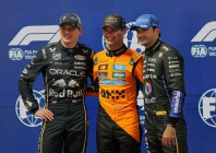 mclaren s lando norris celebrates after qualifying in pole position for las vegas grand prix with second placed red bull s max verstappen and third placed williams carlos sainz jr photo reuters