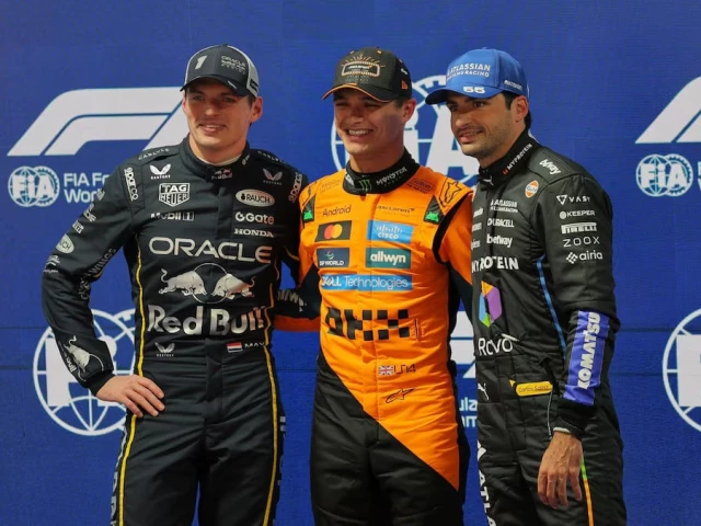 mclaren s lando norris celebrates after qualifying in pole position for las vegas grand prix with second placed red bull s max verstappen and third placed williams carlos sainz jr photo reuters