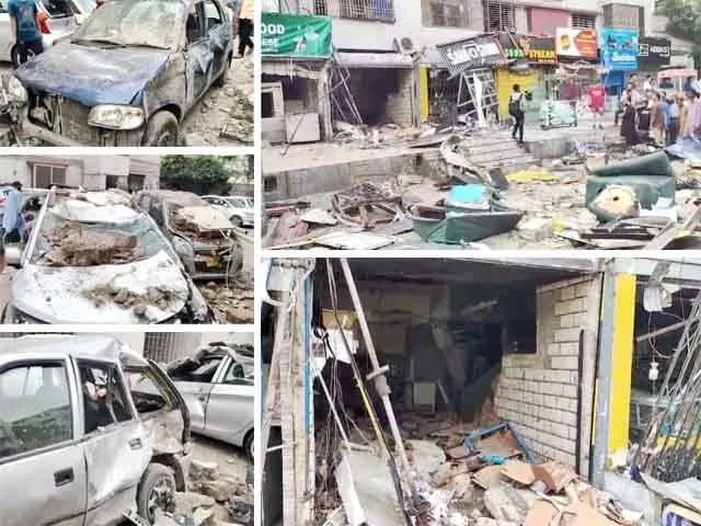 explosion was so powerful that destroyed the nearby shops and partially damaging the building in gulshan e iqbal karachi screengrab explosion was so powerful that destroyed the nearby shops and partially damaging the building in gulshan e iqbal karachi screengrab
