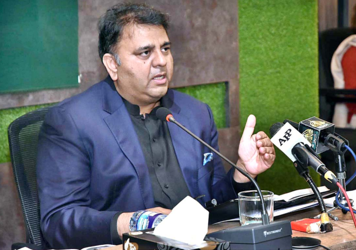 information and broadcasting minister fawad hussain chaudhry addressing a press conference in islamabad on november 9 2021 photo app