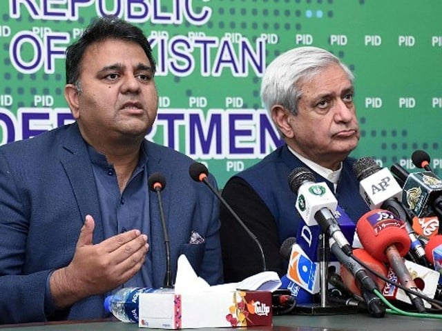 federal minister for information and broadcasting chaudhry fawad hussain and federal minister for national food security and research syed fakhar imam jointly addressing a press conference at pak china friendship centre in islamabad photo app